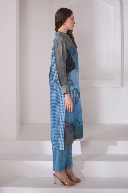 Buy_Clos_Blue Silk Collared Abstract Floral Long Kurta With Pant _Online_at_Aza_Fashions