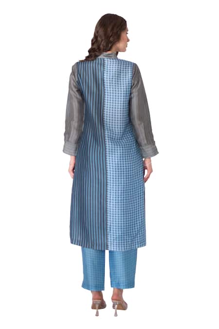 Shop_Clos_Blue Silk Collared Abstract Floral Long Kurta With Pant _Online_at_Aza_Fashions
