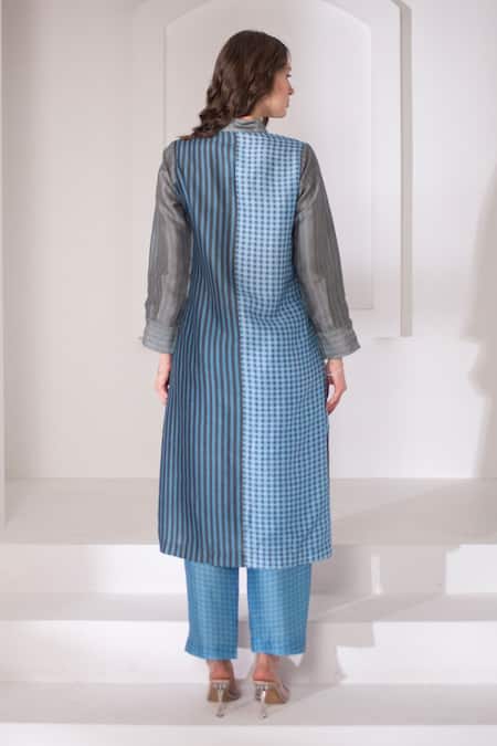 Shop_Clos_Blue Silk Collared Abstract Floral Long Kurta With Pant _at_Aza_Fashions