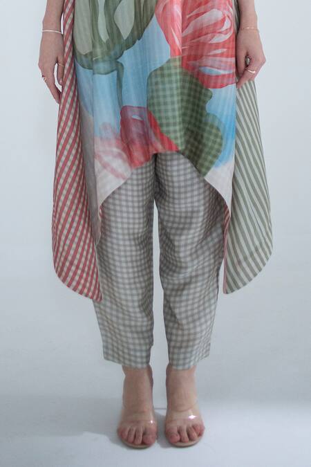 Buy_Clos_Red Silk Mandarin Collar Abstract Print Kaftan And Pant Set _Online_at_Aza_Fashions