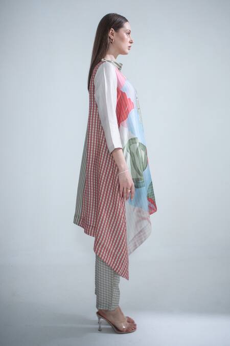 Buy_Clos_Red Silk Mandarin Collar Abstract Print Kaftan And Pant Set 