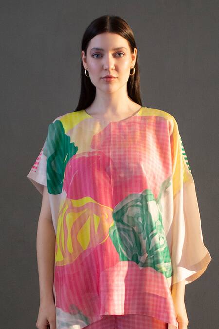 Buy_Clos_Pink Silk Round Neck Abstract Print Kaftan And Pant Set _Online_at_Aza_Fashions
