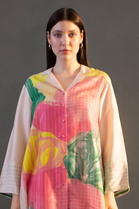 Clos_Pink Silk Collared Abstract Print Kurta And Pant Set _Online_at_Aza_Fashions
