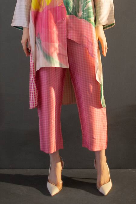 Buy_Clos_Pink Silk Collared Abstract Print Kurta And Pant Set _Online_at_Aza_Fashions