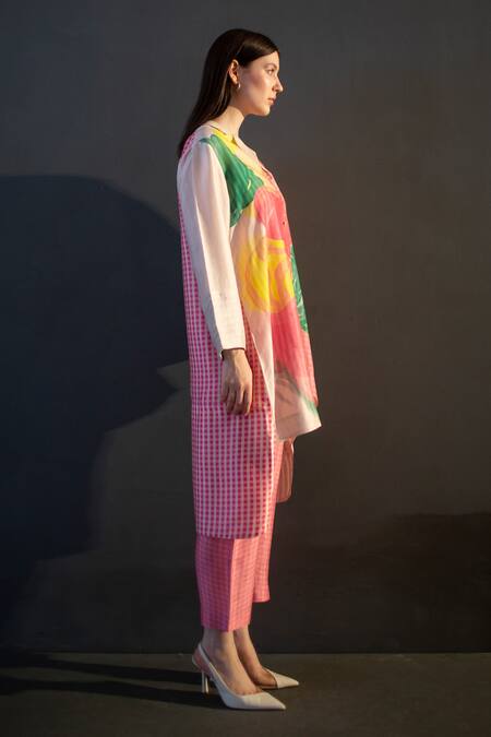 Shop_Clos_Pink Silk Collared Abstract Print Kurta And Pant Set _Online_at_Aza_Fashions