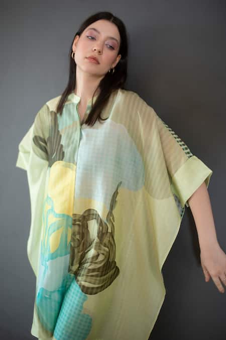 Clos_Green Silk Mandarin Collar Abstract Print Asymmetric Kurta And Pant Set _Online_at_Aza_Fashions