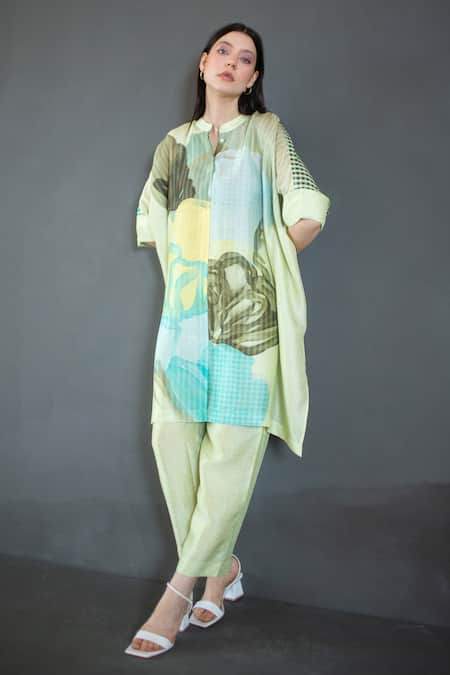 Clos Green Dupion Silk Printed Abstract Floral Mandarin Asymmetric Kurta And Pant Set 