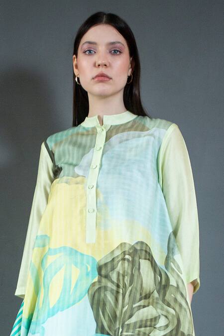 Buy_Clos_Green Silk Mandarin Collar Abstract Print Asymmetric Kaftan And Pant Set _Online_at_Aza_Fashions