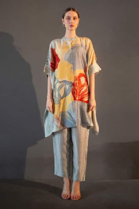 Clos Grey Dupion Silk Printed Abstract Floral Mandarin Asymmetric Kurta With Pant 