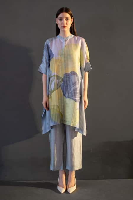 Clos Grey Dupion Silk Printed Abstract Floral Mandarin Checks Kurta And Pant Set 