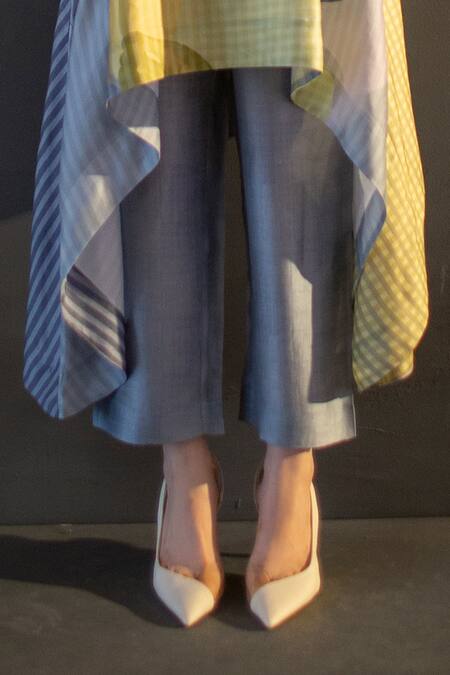 Clos Yellow Silk Mandarin Collar Abstract Print High Low Kaftan With Pant Online at Aza Fashions Clos_Yellow Silk Mandarin Collar Abstract Print High Low Kaftan With Pant _Online_at_Aza_Fashions