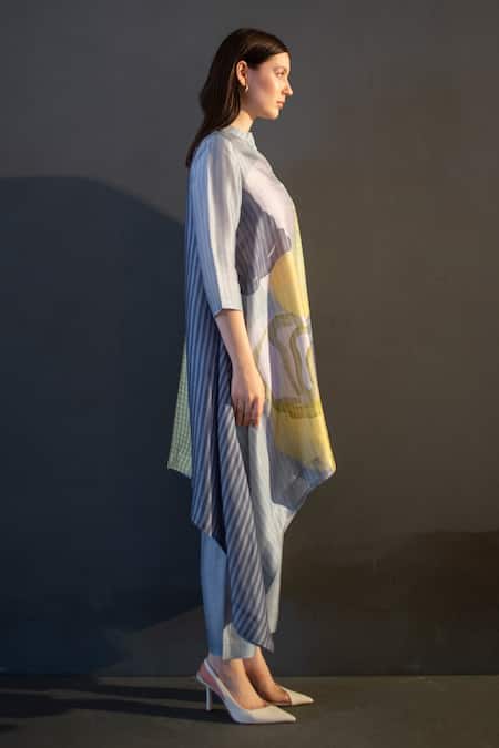 Shop Clos Yellow Silk Mandarin Collar Abstract Print High Low Kaftan With Pant Online at Aza Fashions Shop_Clos_Yellow Silk Mandarin Collar Abstract Print High Low Kaftan With Pant _Online_at_Aza_Fashions