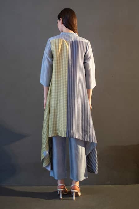 Shop Clos Yellow Silk Mandarin Collar Abstract Print High Low Kaftan With Pant at Aza Fashions Shop_Clos_Yellow Silk Mandarin Collar Abstract Print High Low Kaftan With Pant _at_Aza_Fashions