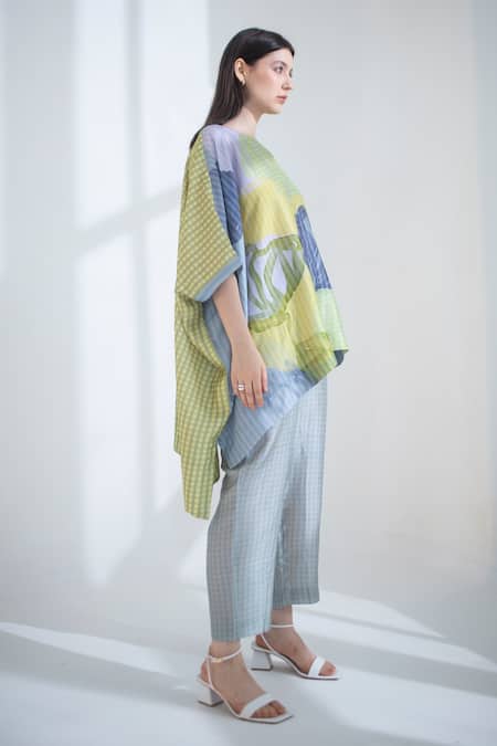 Clos_Yellow Silk Round Neck Abstract Print High Low Top With Pant _Online_at_Aza_Fashions