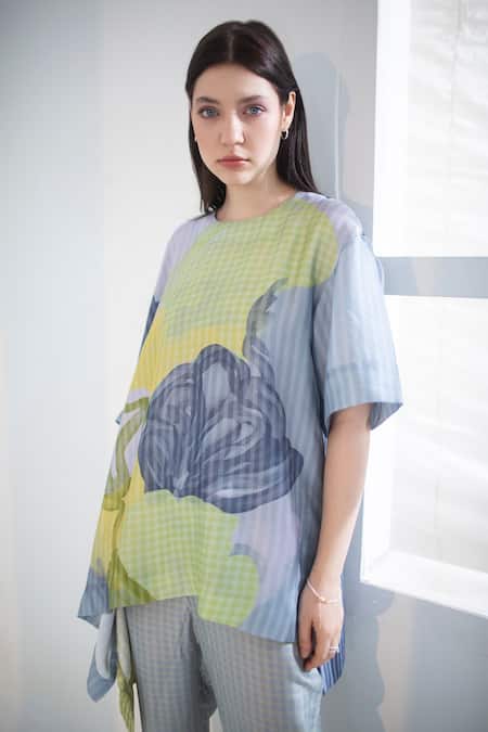 Shop_Clos_Yellow Silk Round Neck Abstract Print High Low Top With Pant _Online_at_Aza_Fashions
