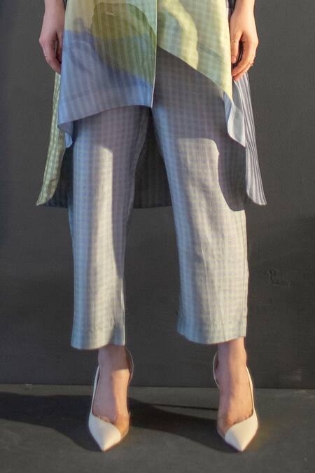 Clos Yellow Silk Collared Abstract Checks Print High Low Kurta With Pant Online at Aza Fashions Clos_Yellow Silk Collared Abstract Checks Print High Low Kurta With Pant _Online_at_Aza_Fashions