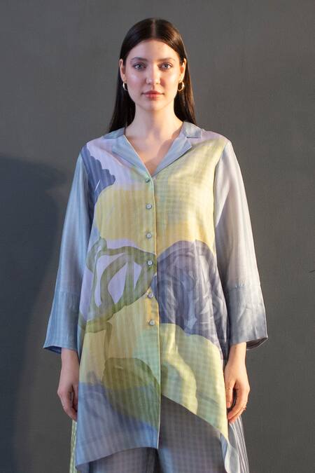 Buy Clos Yellow Silk Collared Abstract Checks Print High Low Kurta With Pant Online at Aza Fashions Buy_Clos_Yellow Silk Collared Abstract Checks Print High Low Kurta With Pant _Online_at_Aza_Fashions