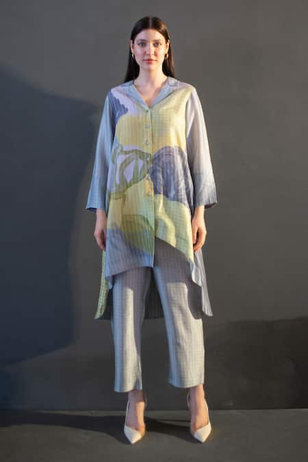 Clos Abstract Checks Print High Low Kurta With Pant 