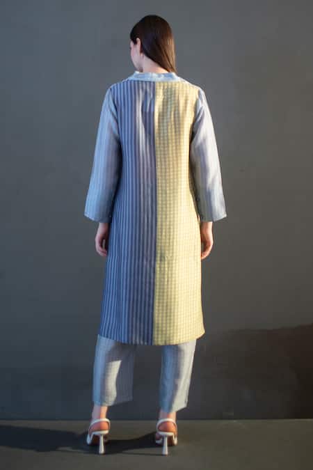 Shop Clos Yellow Silk Collared Abstract Checks Print High Low Kurta With Pant at Aza Fashions Shop_Clos_Yellow Silk Collared Abstract Checks Print High Low Kurta With Pant _at_Aza_Fashions