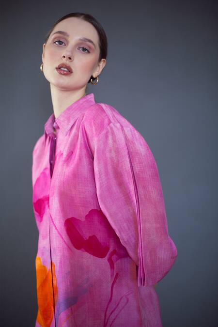 Buy_Clos_Pink Silk Collared Abstract Floral Print Shirt With Pant _Online_at_Aza_Fashions