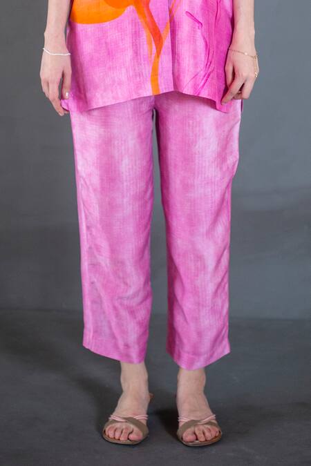 Shop_Clos_Pink Silk Collared Abstract Floral Print Shirt With Pant _Online_at_Aza_Fashions