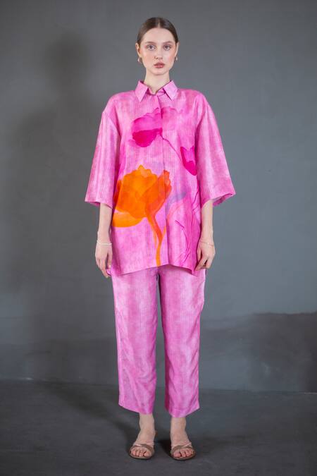 Clos_Pink Silk Collared Abstract Floral Print Shirt With Pant _at_Aza_Fashions