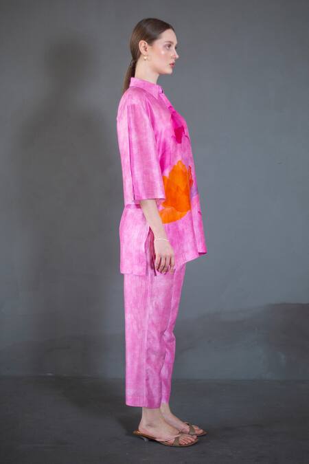 Buy_Clos_Pink Silk Collared Abstract Floral Print Shirt With Pant 