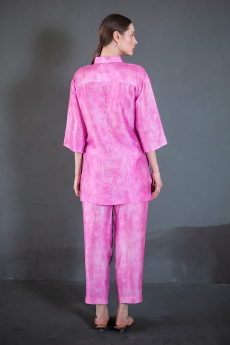 Shop_Clos_Pink Silk Collared Abstract Floral Print Shirt With Pant _at_Aza_Fashions