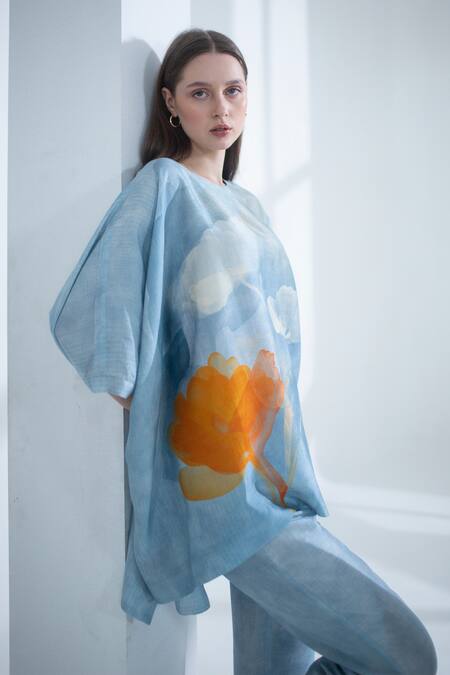 Clos_Blue Silk Round Neck Abstract Floral Print Kaftan With Pant _Online_at_Aza_Fashions