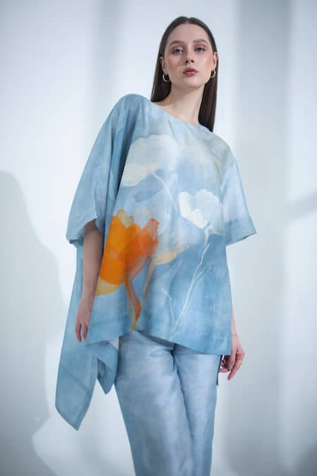 Buy_Clos_Blue Silk Round Neck Abstract Floral Print Kaftan With Pant _Online_at_Aza_Fashions