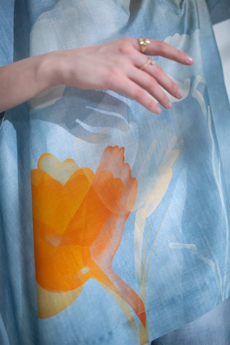 Shop_Clos_Blue Silk Round Neck Abstract Floral Print Kaftan With Pant _Online_at_Aza_Fashions