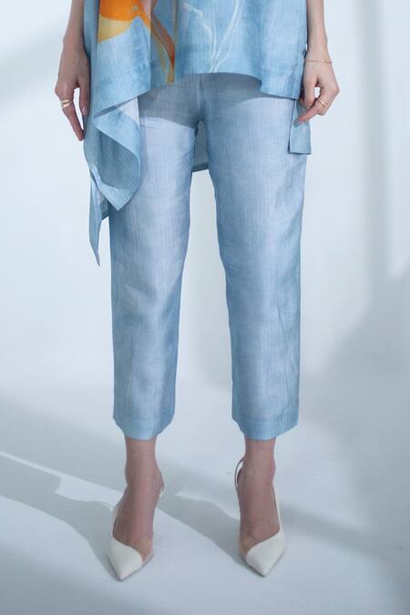 Clos_Blue Silk Round Neck Abstract Floral Print Kaftan With Pant _at_Aza_Fashions