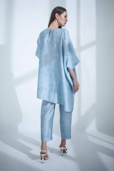 Shop_Clos_Blue Silk Round Neck Abstract Floral Print Kaftan With Pant _at_Aza_Fashions