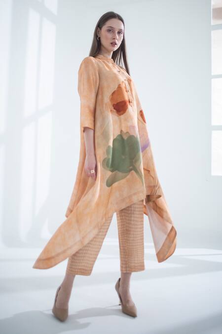 Buy_Clos_Peach Silk Embroidery Round Neck Asymmetric Kaftan And Pant Set _Online_at_Aza_Fashions