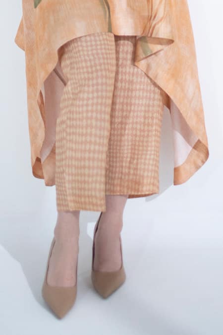 Shop_Clos_Peach Silk Embroidery Round Neck Asymmetric Kaftan And Pant Set _Online_at_Aza_Fashions