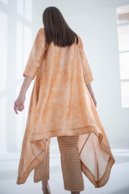 Shop_Clos_Peach Silk Embroidery Round Neck Asymmetric Kaftan And Pant Set _at_Aza_Fashions