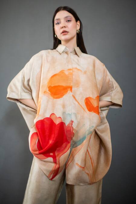 Clos_Beige Silk Collared Abstract Floral Print Kaftan With Pant _Online_at_Aza_Fashions