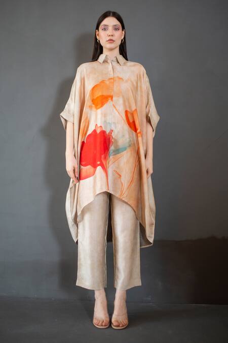 Buy_Clos_Beige Silk Collared Abstract Floral Print Kaftan With Pant _Online_at_Aza_Fashions