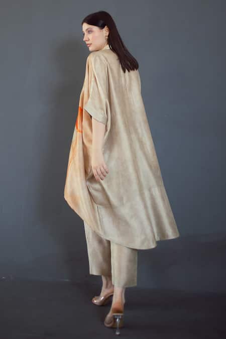 Shop_Clos_Beige Silk Collared Abstract Floral Print Kaftan With Pant _Online_at_Aza_Fashions