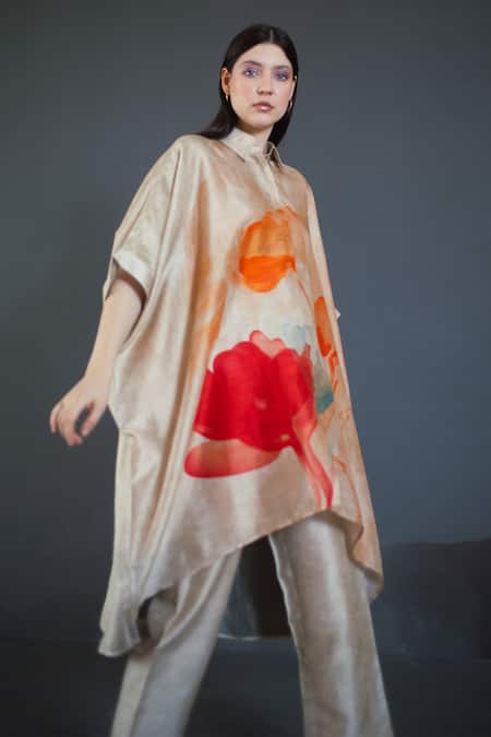 Clos_Beige Silk Collared Abstract Floral Print Kaftan With Pant _at_Aza_Fashions