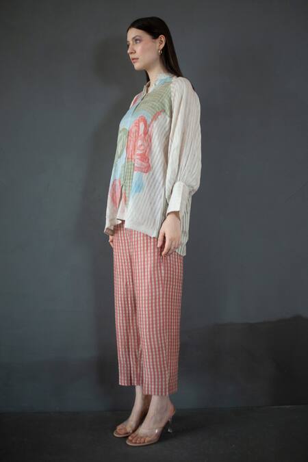 Shop_Clos_Cream Handloom Cotton Mandarin Collar Abstract Print Shirt With Pant _Online_at_Aza_Fashions