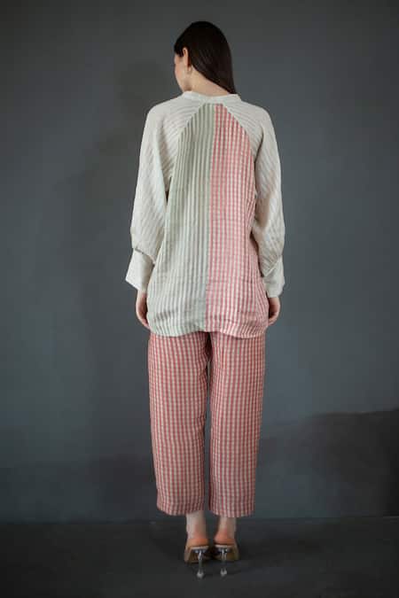 Shop_Clos_Cream Handloom Cotton Mandarin Collar Abstract Print Shirt With Pant _at_Aza_Fashions