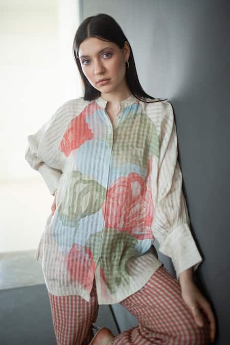 Clos_Cream Handloom Cotton Mandarin Collar Abstract Print Shirt With Pant _at_Aza_Fashions