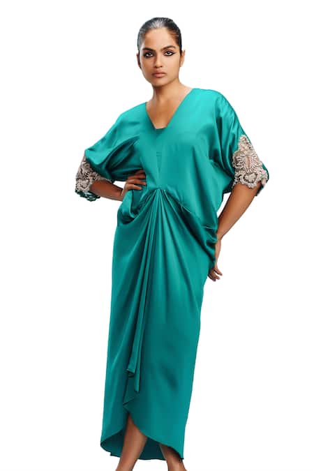 Dolly J_Blue Satin Pearls, Beads V-neck Nova Bloomy Embellished Sleeves Kaftan _Online_at_Aza_Fashions
