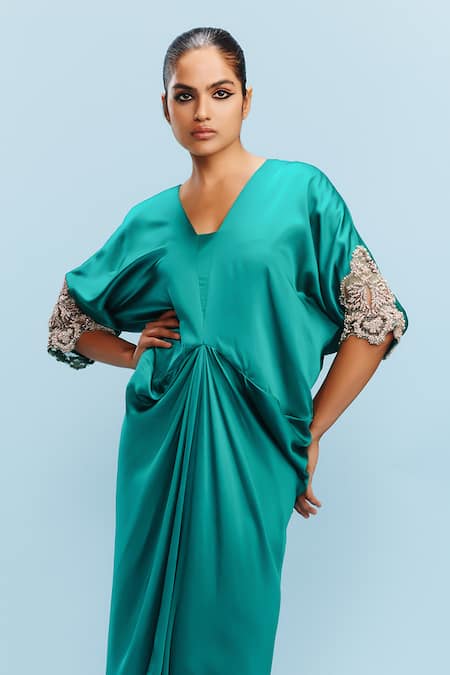Shop_Dolly J_Blue Satin Pearls, Beads V-neck Nova Bloomy Embellished Sleeves Kaftan _at_Aza_Fashions