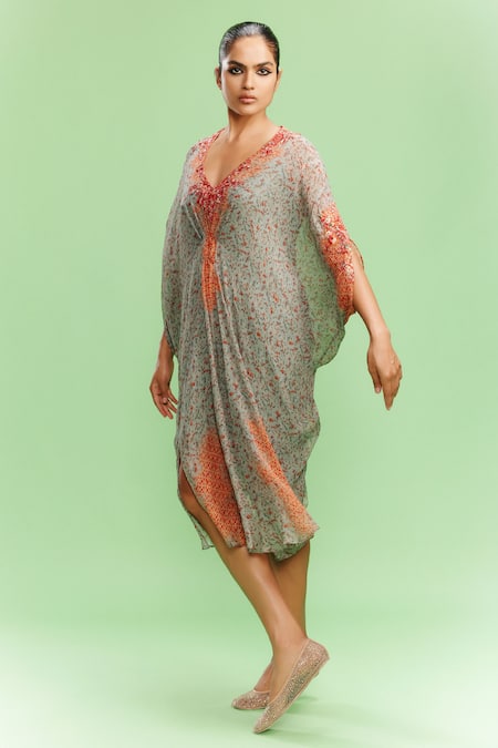 Dolly J Grey Chiffon Print Ditsy V Neck Oeshi Bloom Kaftan 