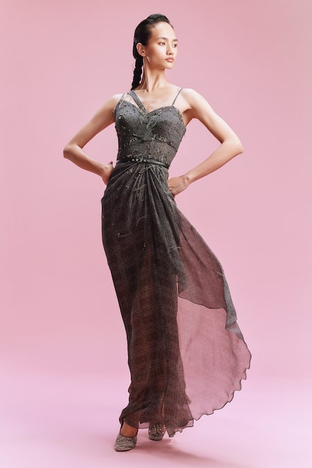 Dolly J Black Chiffon Print Geometric Sweetheart Neck Clarette Draped Gown 