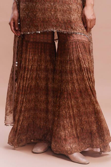 Dolly J_Brown Chiffon V-neck Zuleika Vintage Garden Print Kurta Sharara Set _Online_at_Aza_Fashions
