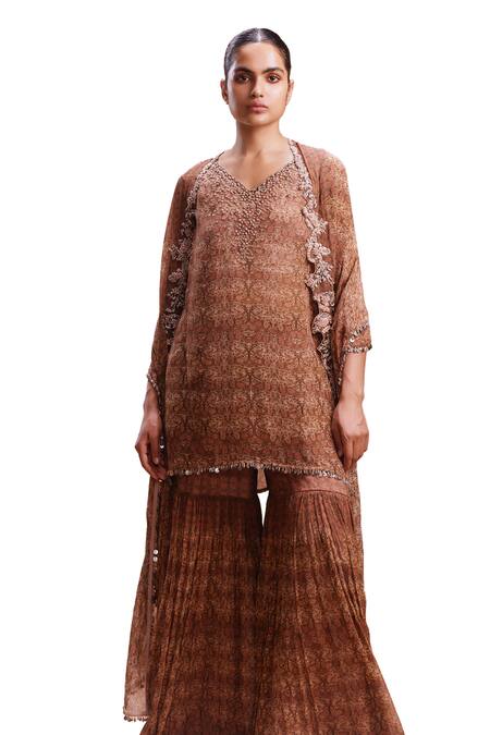 Shop_Dolly J_Brown Chiffon V-neck Zuleika Vintage Garden Print Kurta Sharara Set _Online_at_Aza_Fashions