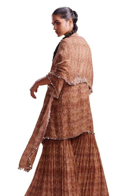 Dolly J_Brown Chiffon V-neck Zuleika Vintage Garden Print Kurta Sharara Set _at_Aza_Fashions